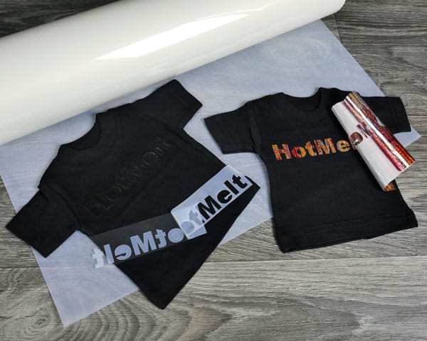 A roll of HotMelt, a shirt pressed with just HotMelt, and a shirt pressed with Textile Foils on top of HotMelt